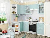 Небольшая угловая кухня в голубом и белом цвете Гуково